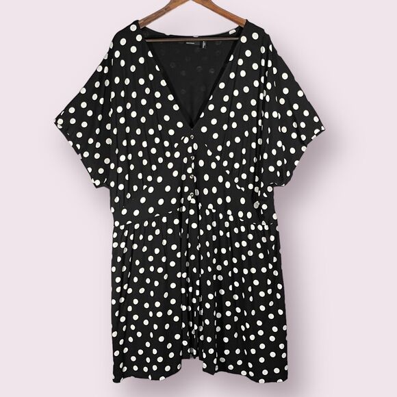 Asos Design Curve Waisted Mini Tea Dress Women Size 24 Black Polka Dot V Neck - Picture 1 of 15